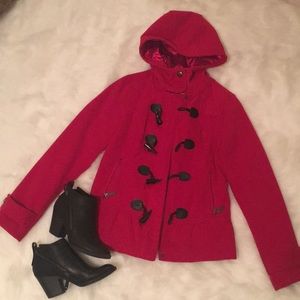 Red hooded jacket